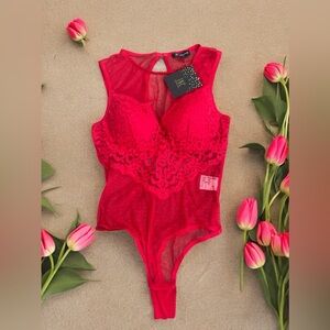 INC -Macys International Concepts Sheer Swiss Dot
Cupped Bodysuit Red Size -M